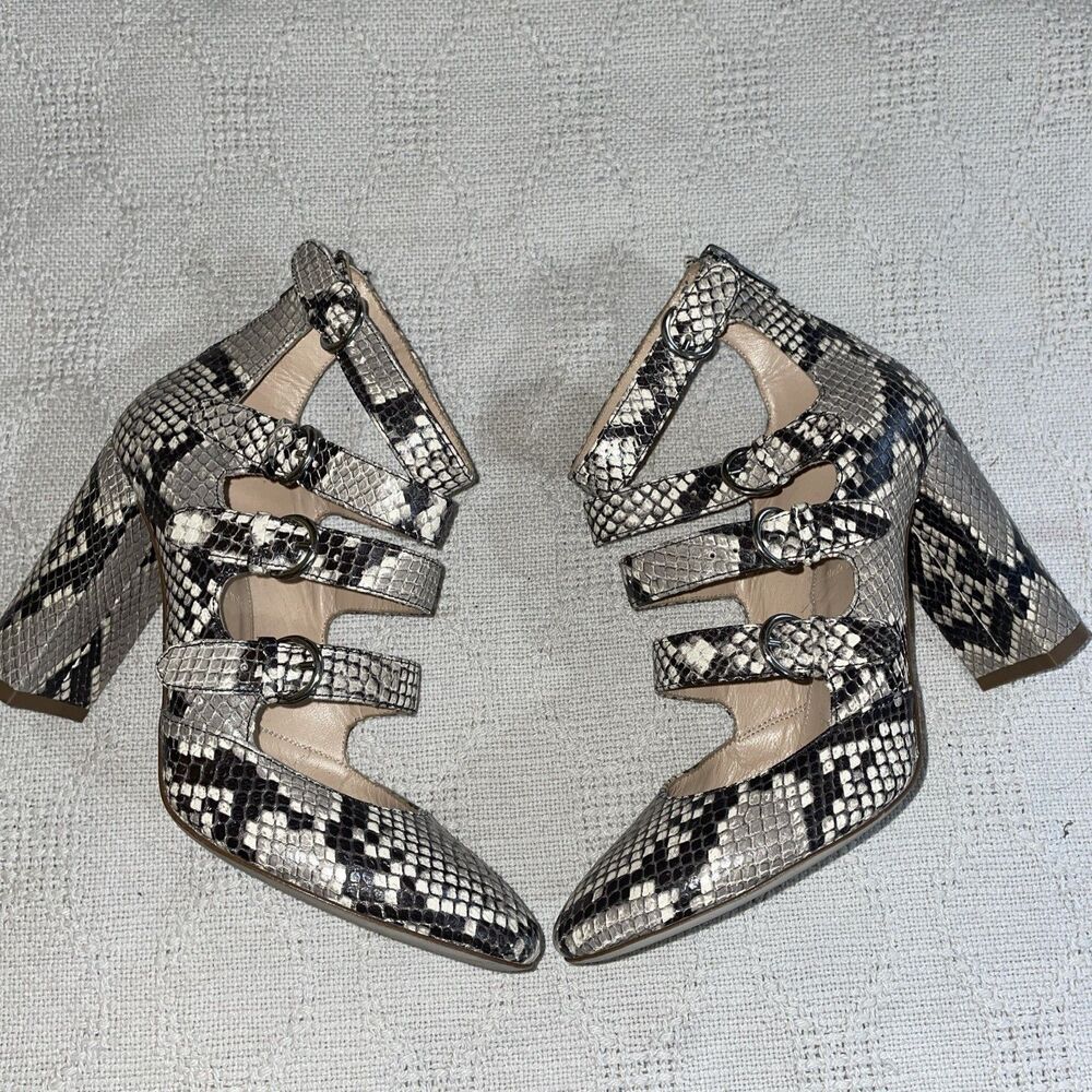 J. Crew Italy Strappy Heels Size 7.5 M Beige Black Faux Snake Going Out Party